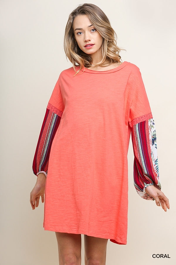 coral long sleeve t shirt dress with ...